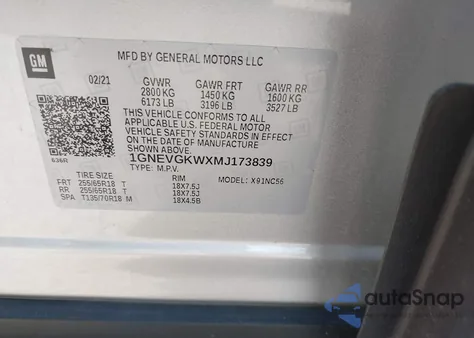 2021 Chevrolet Traverse Awd Lt Cloth из США, поврежденный, VIN 1GNEVGKWXMJ173839